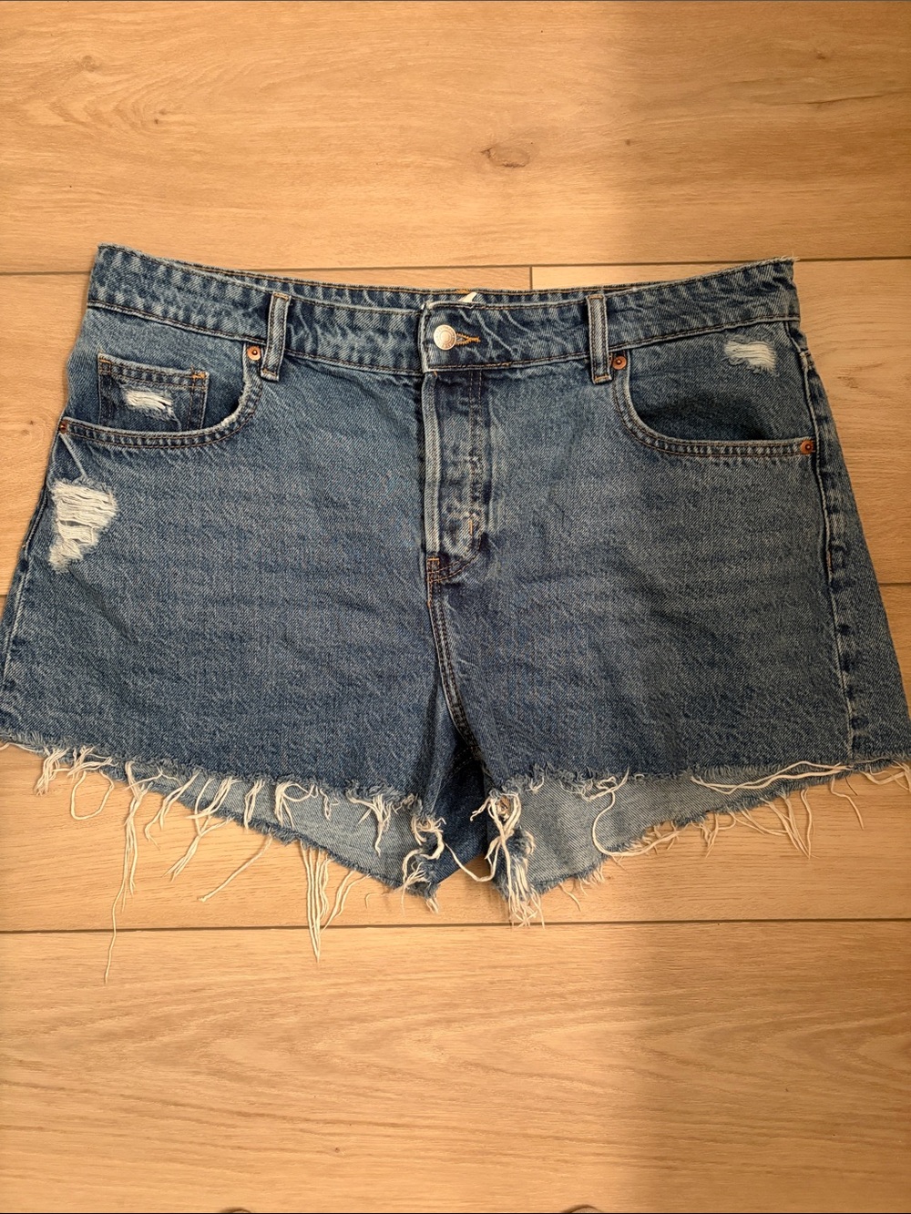 H&M Frayed Mid-Rise Denim Shorts - Blue